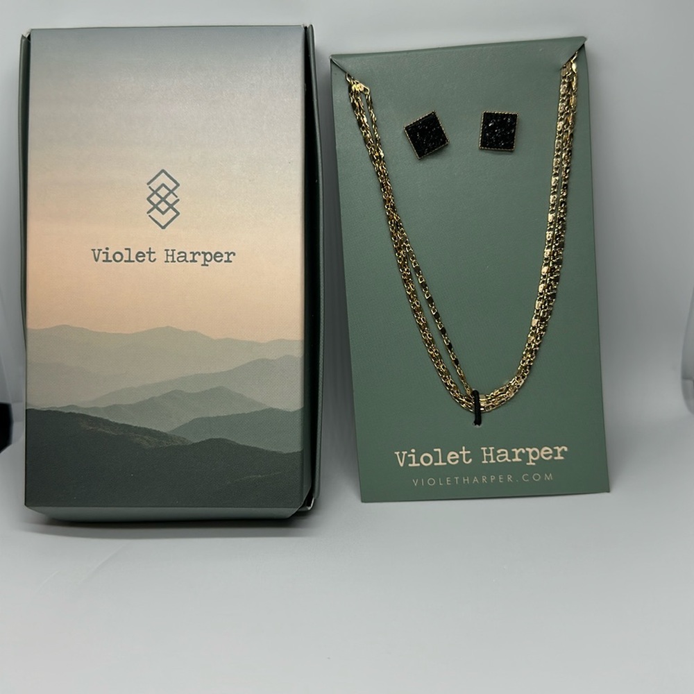 Violet Harper Nib Necklace & Earring Set Black & Gold Post Earrings